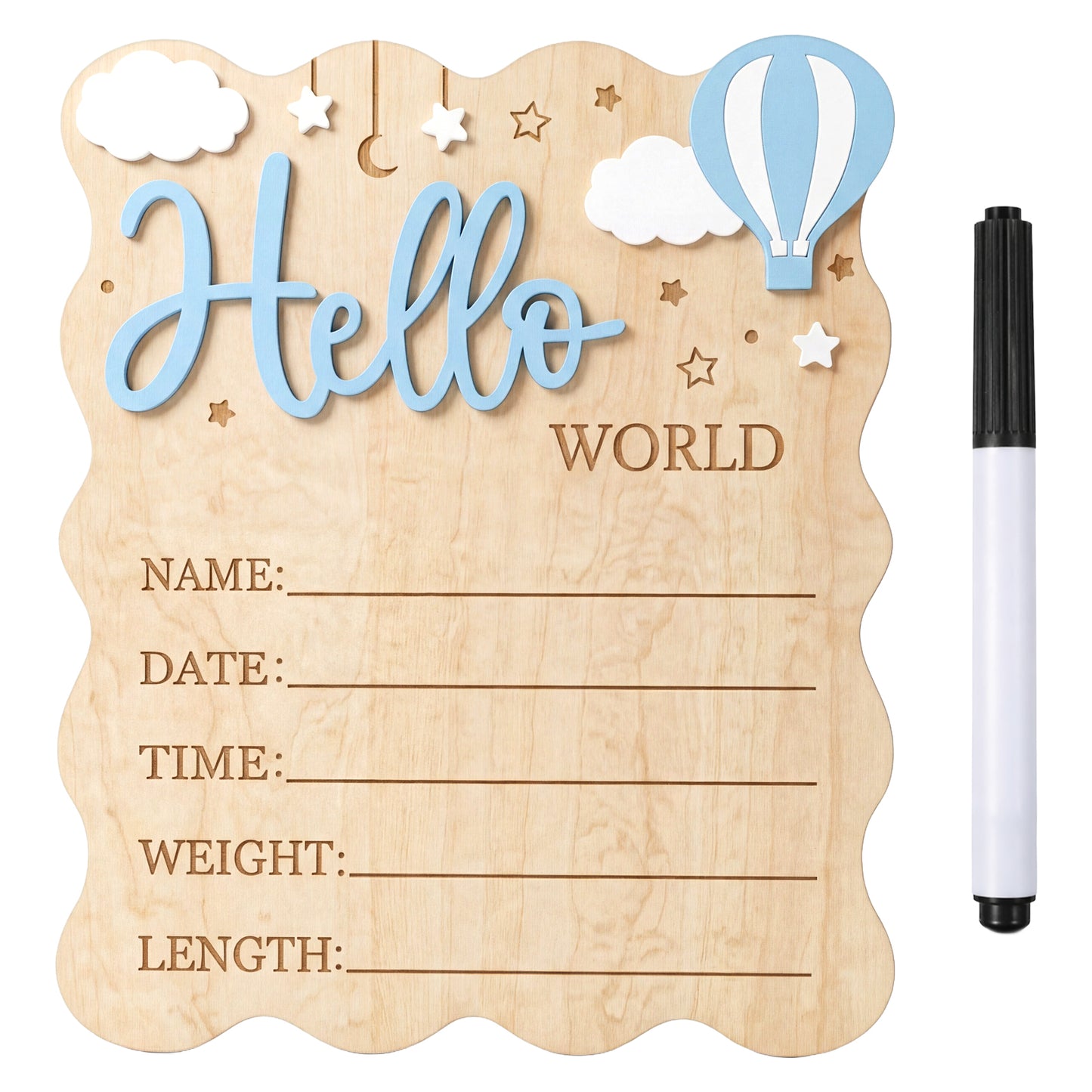 KFHENSOMR Blue Baby Announcement Sign,Wooden Hello World Newborn Signs Baby Name Announcement Sign and Pen for Babies Shower Hospital Nursery Newborn Boys and Girls