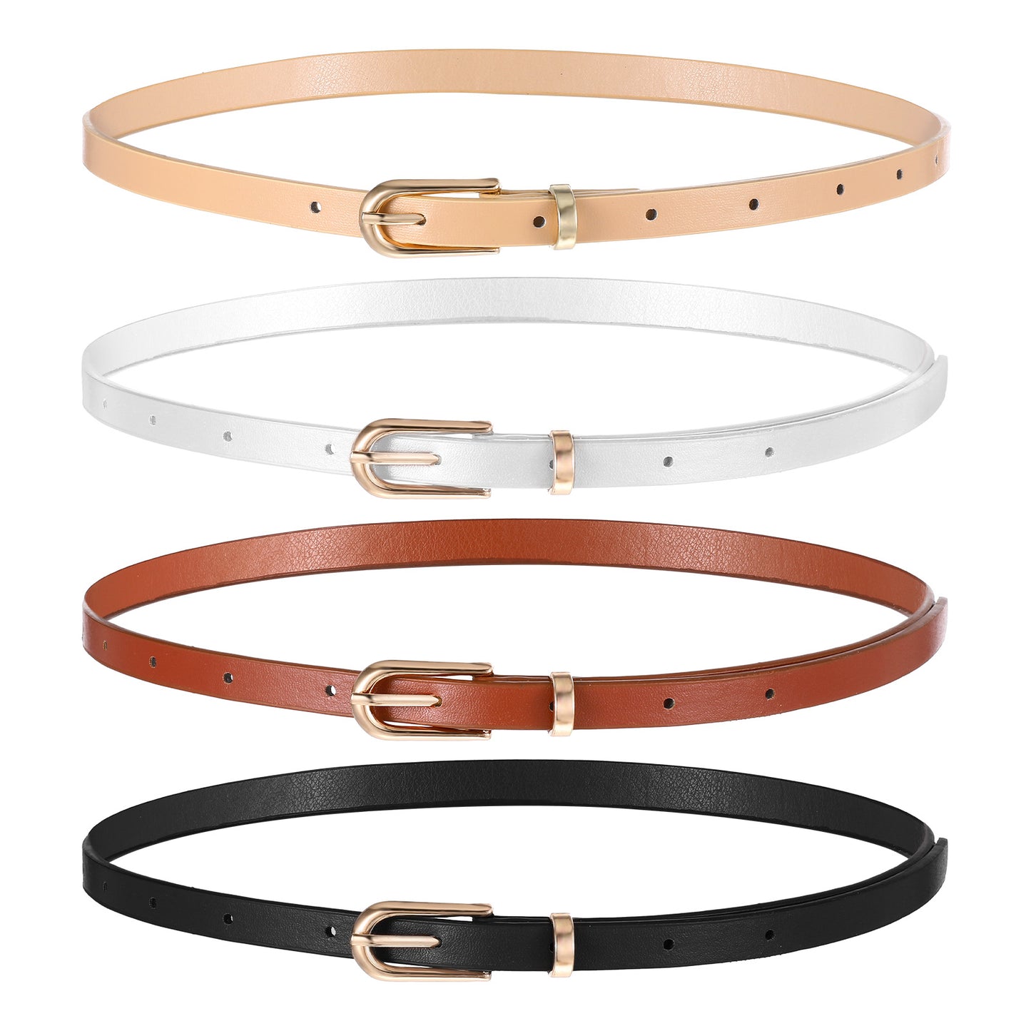 Wanmu 4 Pack Women Skinny Leather Belts for Jeans, Thin Waist Belt with Metal Buckle for Ladies, Dresses, Pants (38 Inches, White, Black, Cream Color, Coffee)