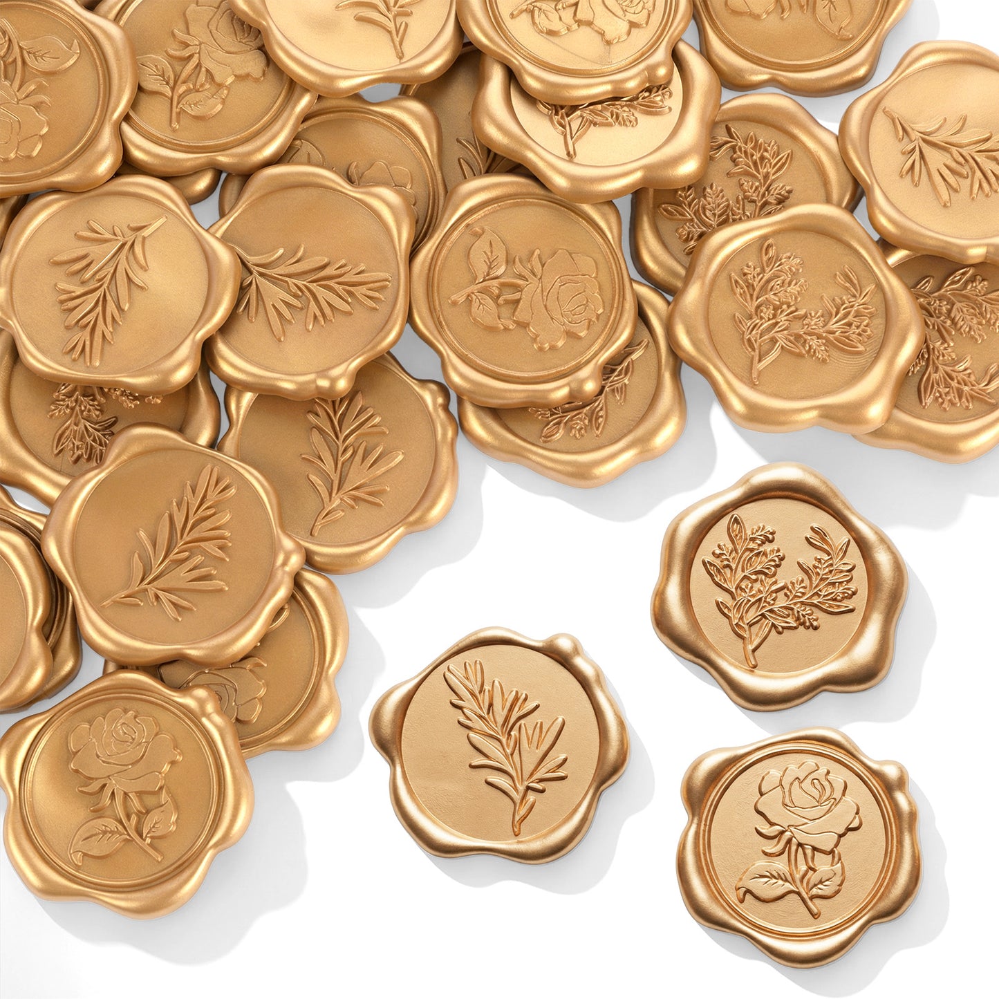 KFHENSOMR Wax Seal Stickers, 30Pcs Wedding Invitation Envelope Seal Stickers Self-Adhesive Wax Stickers with Olive, Rosemary, Rose Designs in Gold for Party Invitations, Christmas, Gift Wrapping