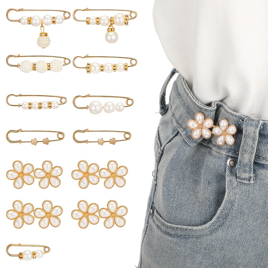 13 Set Pant Waist Tightener Pearl Buttons Pins Decorative Brooch Clips Adjustable No-Sew Waistband Tightener Waist Cincher Clip Jean Clips to Tighten for Women Clothing Dresses Skirts Sweater