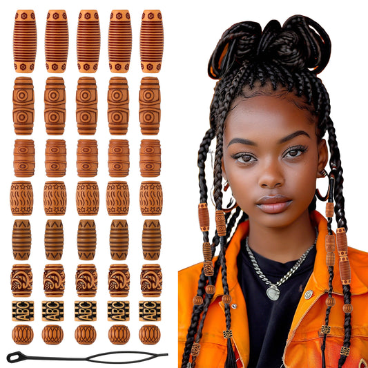 COMNICO 40pcs Wood Hair Beads, Multi Shape Hair Jewelry Braids Loc Dreadlock Accessories Tube Barrel Beads Hair Decoration for Women Men Girls Rave Punk Hairstyle