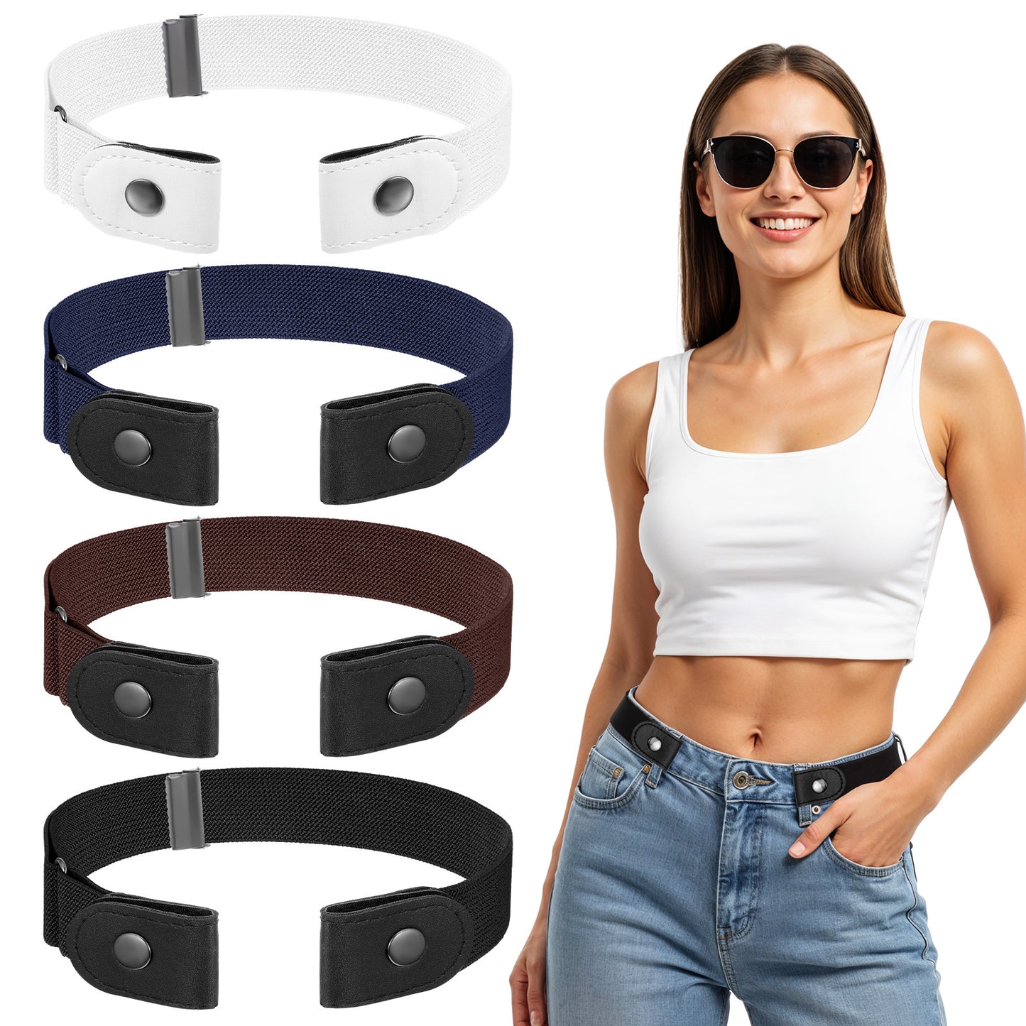 Sibba 3 PCS No Buckle Stretch Belt for Women & Men Invisible Elastic Waist Belt Set Adjustable Lazy Belts for Jeans Pants Comfortable Stretchy Buckleless Belts (Navy, Black, Brown)