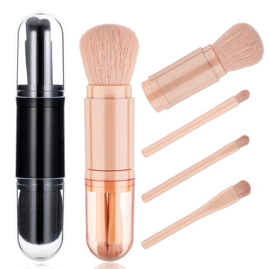 Dimeho 2 Set Travel Makeup Brushes Set, 4 in 1 Portable Travel Lip Brush Mini Cute Makeup Brush Retractable Professional Foundation Blending Powder Eye Shadow Brush Facial Cosmetic Brush Set