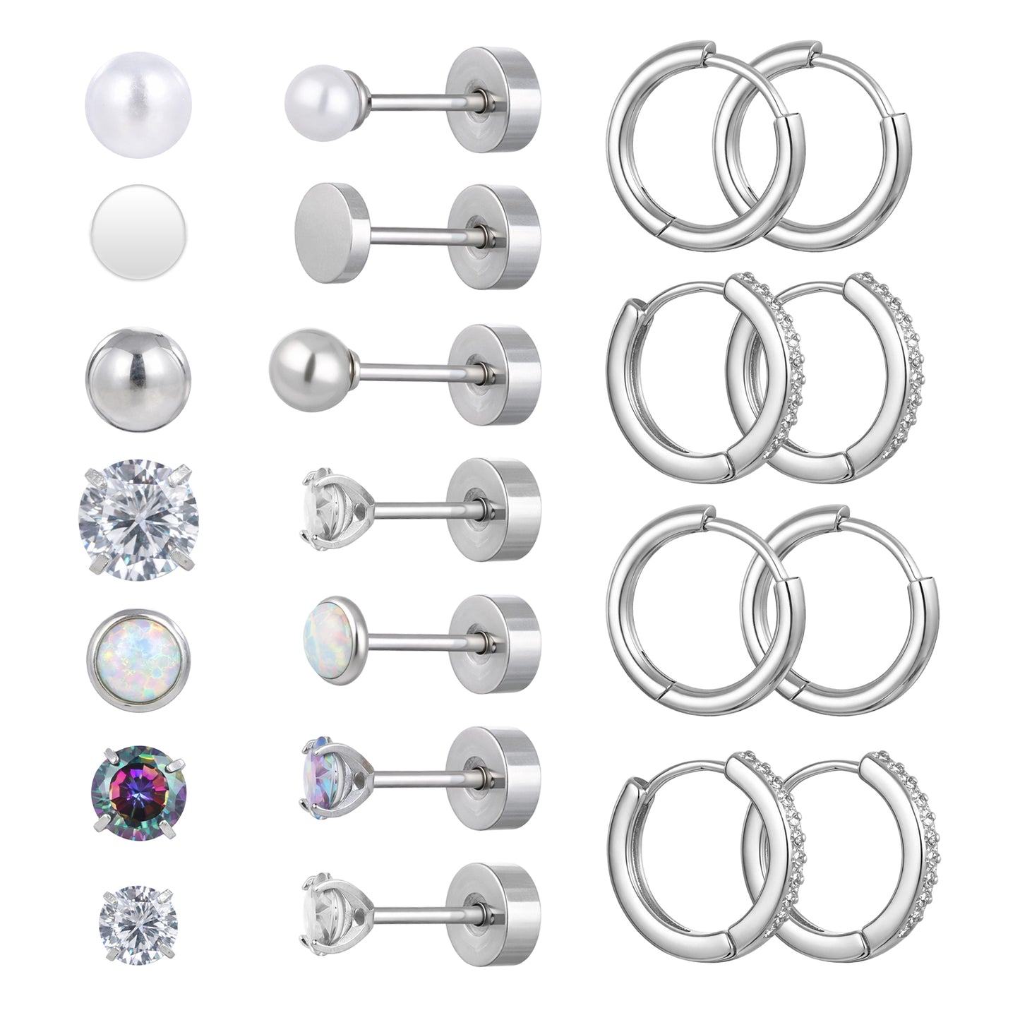 Qianyu 11Pairs Stud Hoop Earrings Sets Small Huggie Hoop Earring Trendy Silver Hoops Cartilage Earring Stacks Stainless Steel Studs Hoops Earrings for Women Men Multiple Piercing Jewelry