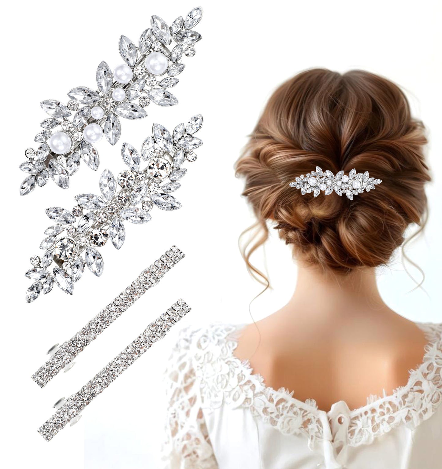 Wanmu 4 Pcs Rhinestone Hair Clips, Elegant Hair Barrettes Pearl Flower Hairpins, Bridal Crystal Pins Hairclips Accessories for Women Girls Wedding Party Daily Life
