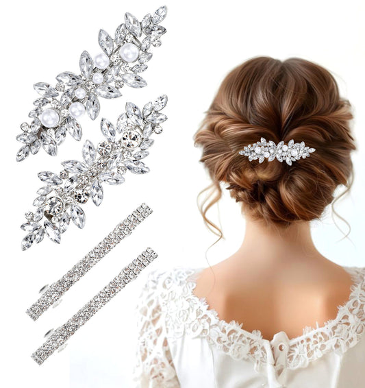 Wanmu 4 Pcs Rhinestone Hair Clips, Elegant Hair Barrettes Pearl Flower Hairpins, Bridal Crystal Pins Hairclips Accessories for Women Girls Wedding Party Daily Life