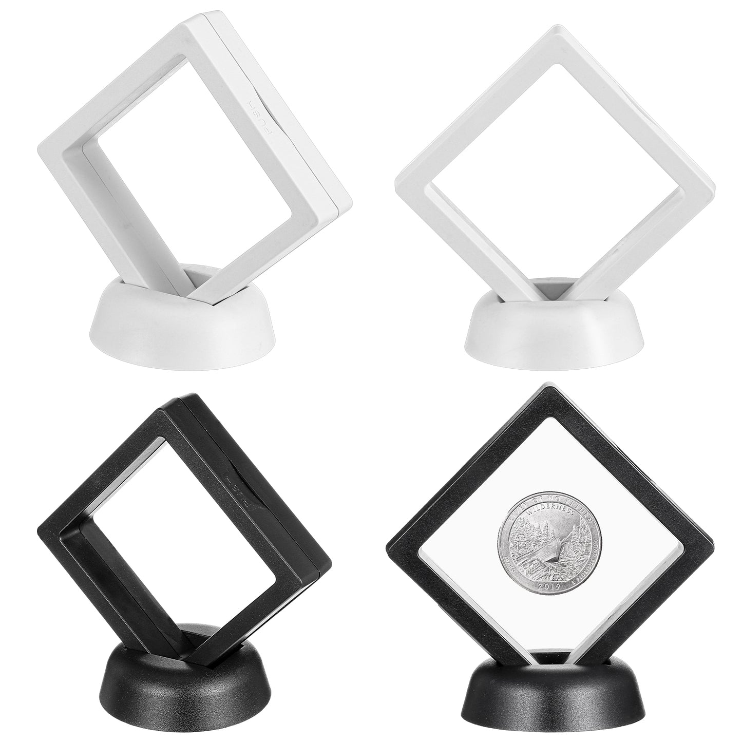 Wanmu 4Pcs Floating Frame Display Stand, 2.75"x2.75" 3D Challenge Coin Display Case, Black, White Small Shadow Box for Earrings, Rings, Brooch, Military Medal