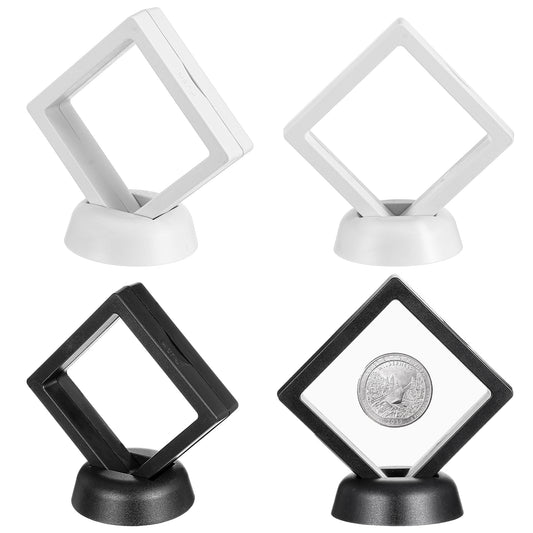 Wanmu 4Pcs Floating Frame Display Stand, 2.75"x2.75" 3D Challenge Coin Display Case, Black, White Small Shadow Box for Earrings, Rings, Brooch, Military Medal
