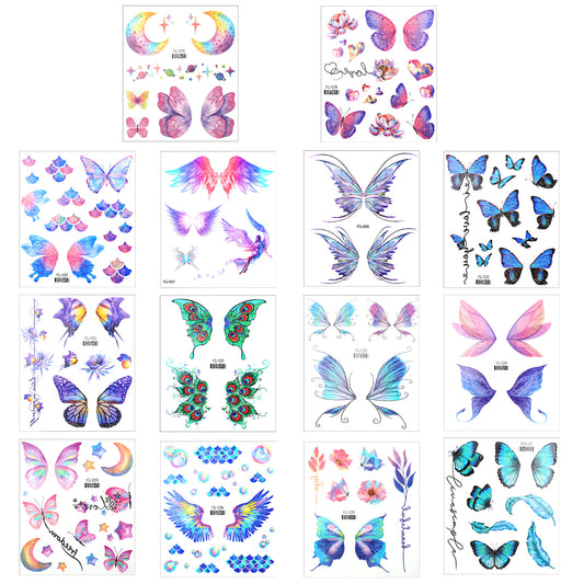 14 Sheets Glitter Butterfly Temporary Tattoos for Women Girls Butterfly Mermaid Fairy Flowers Tattoo Stickers, Colorful Butterflies Wings Fake Waterproof Tattoo Stickers for Festival Party Eye Makeup