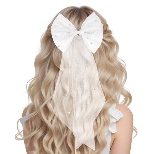 Bridal Veil Wedding Bow-Knot Veil White Pearl Hair Clip Tulle Bridal Short Veils Elegant Tulle Layer Hair Clip Bachelorette Party Hair Accessories for Women Girls