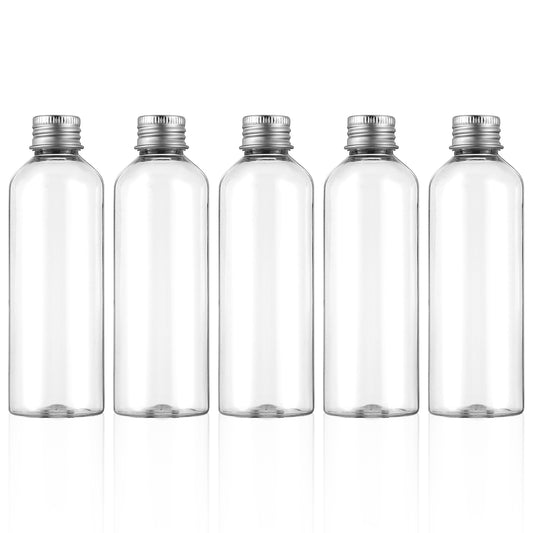 Wanmu 5 Pack 3.4 Oz (100ml) Travel Bottles for Toiletries, Leakproof Plastic Empty Travel Size Bottles Containers with Silvery Screw Cap, Travel Essentials Accessories for Shampoo, Conditioner, Lotion