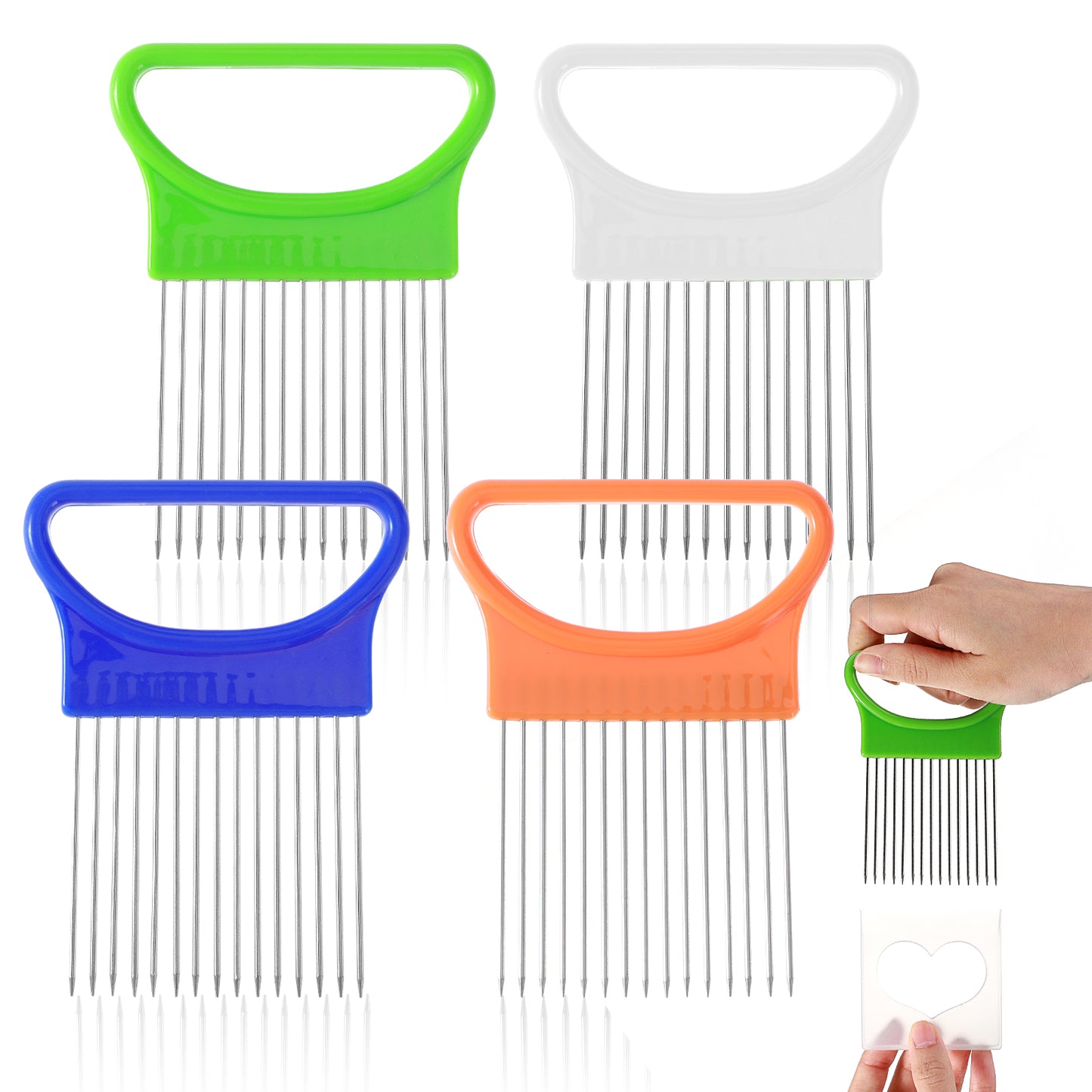 Sibba Onion Slicer Holder 4 Pcs Stainless Steel Onion Cutter Meat Tenderizer Tool Food Choppers Vegetable Mincers Kitchen Assistant Gadgets Reusable Slicer Comb for Vegetables Fruit Egg