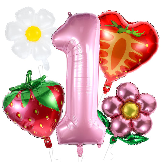 Wanmu 5Pcs Berry First Birthday Decor, Strawberry First Birthday Supplies, 40 Inch Pink One Balloon, Strawberry Shortcake Balloons Decorations Backdrops for Girls Fruit Sweet 1st Party