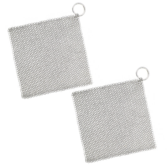 COMNICO Cast Iron Scrubber, 2Pcs Cast Iron Cleaner 316L Stainless Steel Fine Mesh Scraper Chainmail Scrubber for Pre-Seasoned Pot Dutch Oven Waffle Maker Cast Iron Skillet Pan Glass Container