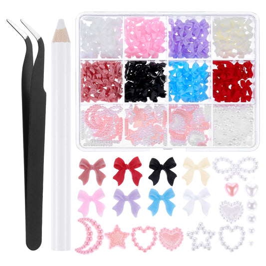 600Pcs 3D Nail Charms for Nails, Multicolor Mix Shapes Heart Bow Nail Charms, Resin Bow Nail Decorations with Tweezers Pickup Tool, 3D Bowknot Nail Accessories for Acrylic Nail Art Design DIY Craft
