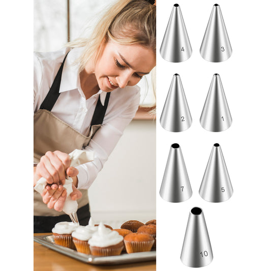 7 Pcs Round Piping Tips Cupcake Frosting Nozzles Set Stainless Steel Cake Decorating Tool Russian Pastry Icing Supplies for Baking Cream Bag Cookies Puff Doughnut Filler