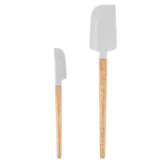 2pcs Wooden Handle Spatula Set Food Grade Rubber Spatula Nonstick White Rubber Spatulas Long Handle Jar Scraper Heat-Resistant for Kitchen Cooking Baking Mixing Frosting Scraping Blender Bottle