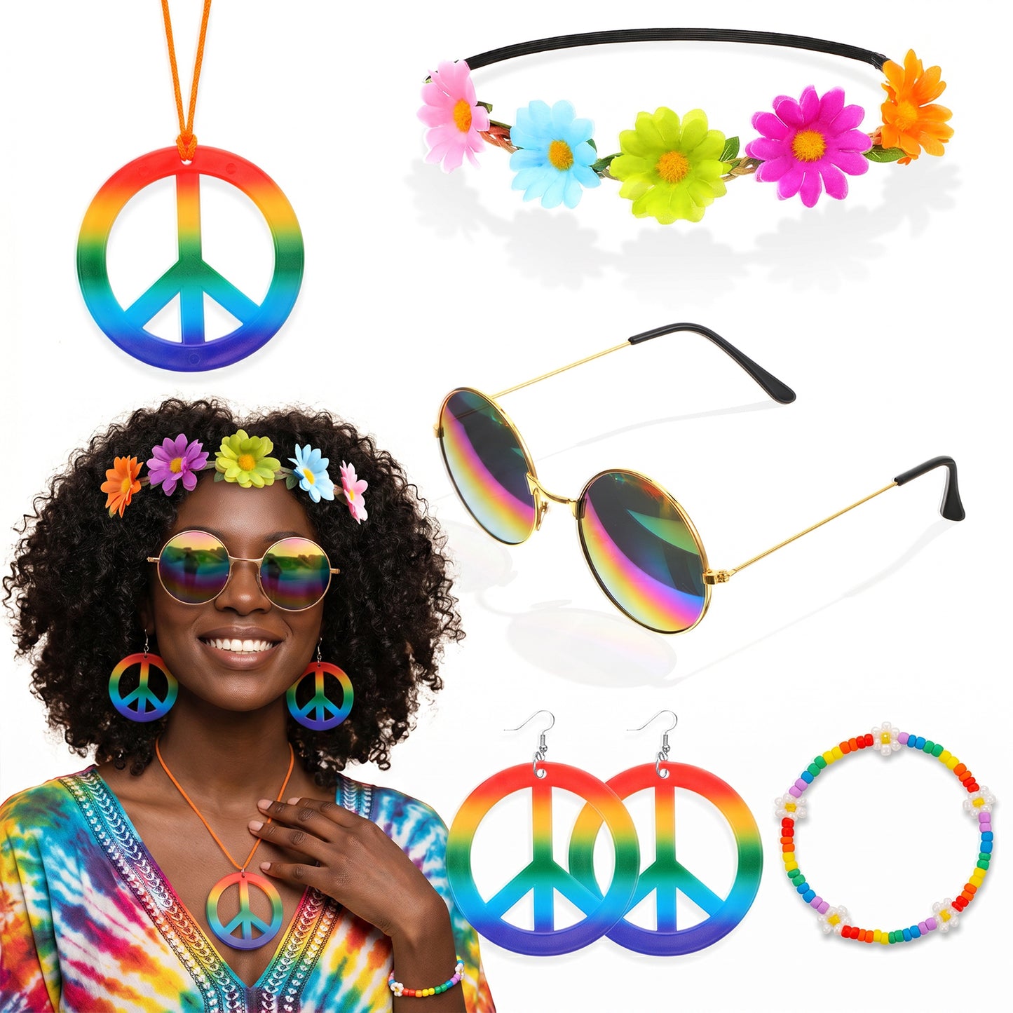 Hpmjz 6Pcs Hippie Costume Accessories Set, Boho Peace Sign Daisy Flower Round Hippie Sunglasses and Peace Sign Necklaces and Earrings 60s 70s Party Favors Decorations for Groovy Party Girls Women