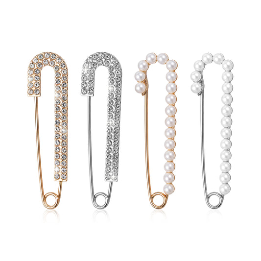 Sibba Women Brooch Pins 4 Pcs Sweater Shawl Clips Decorative Safety Pins Scarf Hijab Clips Artificial Pearls Brooch Elegant Pearl Cardigan Collar Brooch Clips for Dress Shirt