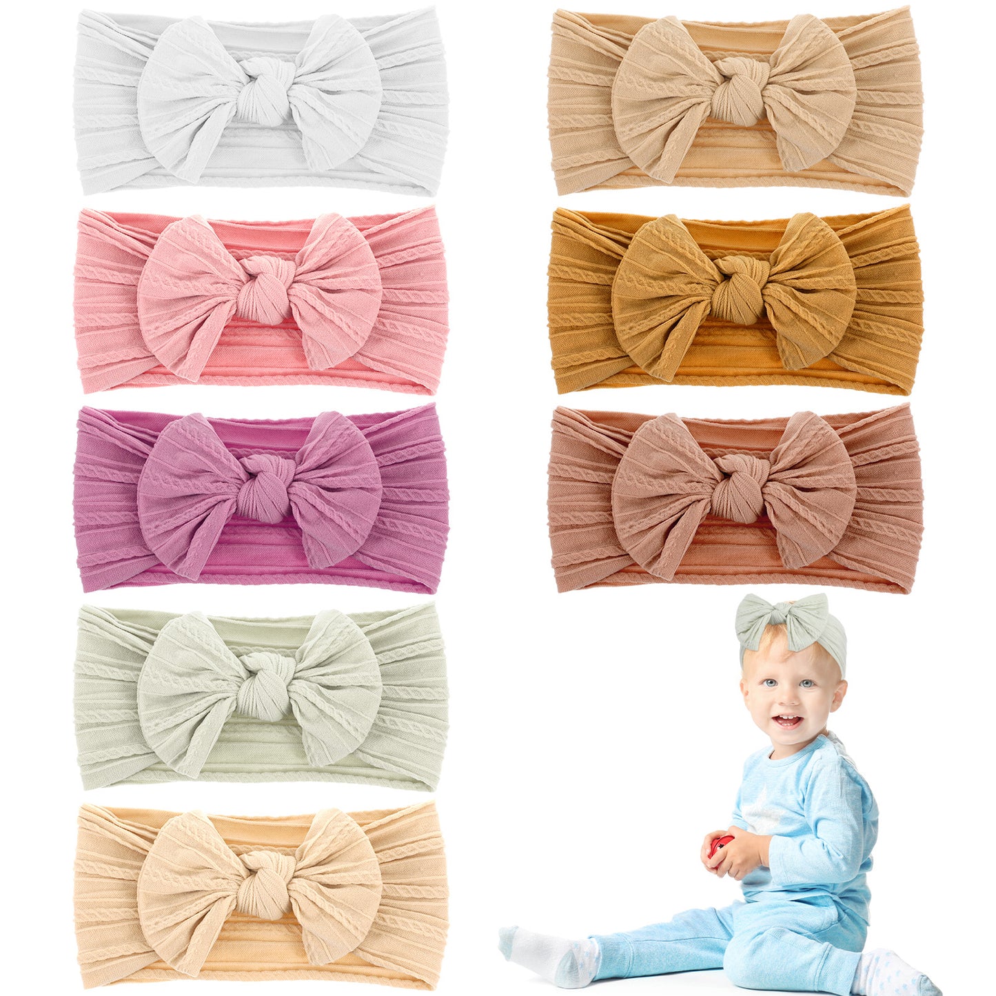 Wanmu 8 Pack Baby Headbands, Soft Elastic Toddlers Bows Hairbands, Stretchy Baby Girl Hair Accessories for Newborns Infants Essentials (Multi-Color)