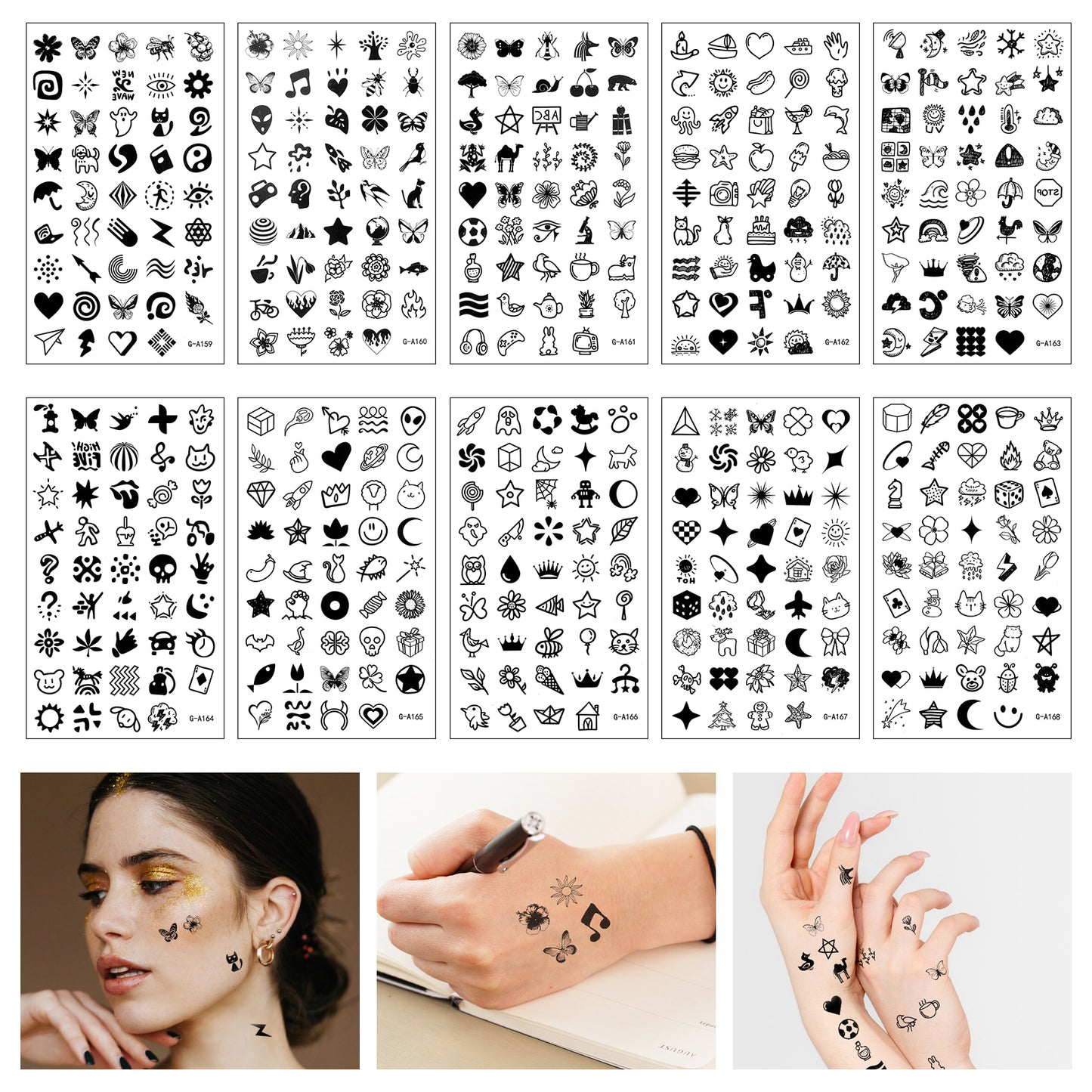 Wanmu 10 Sheets 450 Pcs Tiny Small Temporary Tattoos for Women Men Finger Hands, Long Lasting Cute Mini Fake Tattoo Stickers for Adult Kids Boy Neck Hand Body(Black)