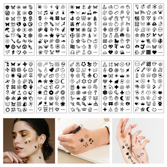 Wanmu 10 Sheets 450 Pcs Tiny Small Temporary Tattoos for Women Men Finger Hands, Long Lasting Cute Mini Fake Tattoo Stickers for Adult Kids Boy Neck Hand Body(Black)