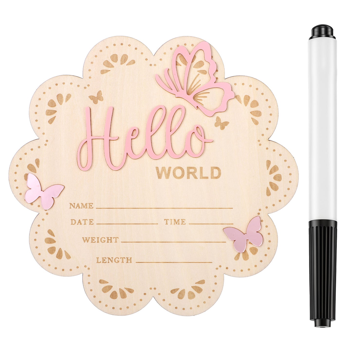Hello World Newborn Sign 6 Inch Pink Butterfly Wooden Baby Name Announcement Sign Birth Welcome Board for Newborn Photo Props Baby Shower Nursery Decor (with pen)