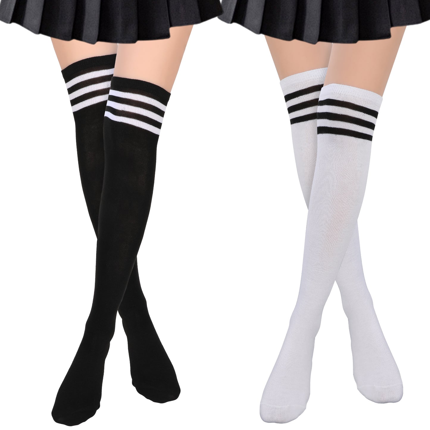 Sibba Extra Long High Thigh Socks 2 Pcs Striped Over Knee Thin Tights Long Stocking Leg Warmers Black White Women Hosiery Soft Skin-friendly Sock for Clothes Dress Y2K Daily Use
