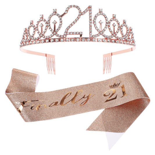 Dimeho 21 Birthday Sash and Crown, Happy 21st Birthday Decorations Birthday Gifts for Her Rose Gold Birthday Sash Rhinestone Tiara Elegant Birthday Headband with Combs for Women Hair Accessories Gifts