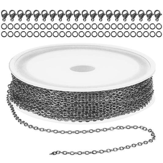 COMNICO 33ft(10m) Stainless Steel Jewelry Chain 1.5mm DIY Craft Links Supplies Findings for Making Necklace Earring Bracelet, Metal Cable Roll 20pcs Lobster Clasps 50pcs Jump Rings (Gray)
