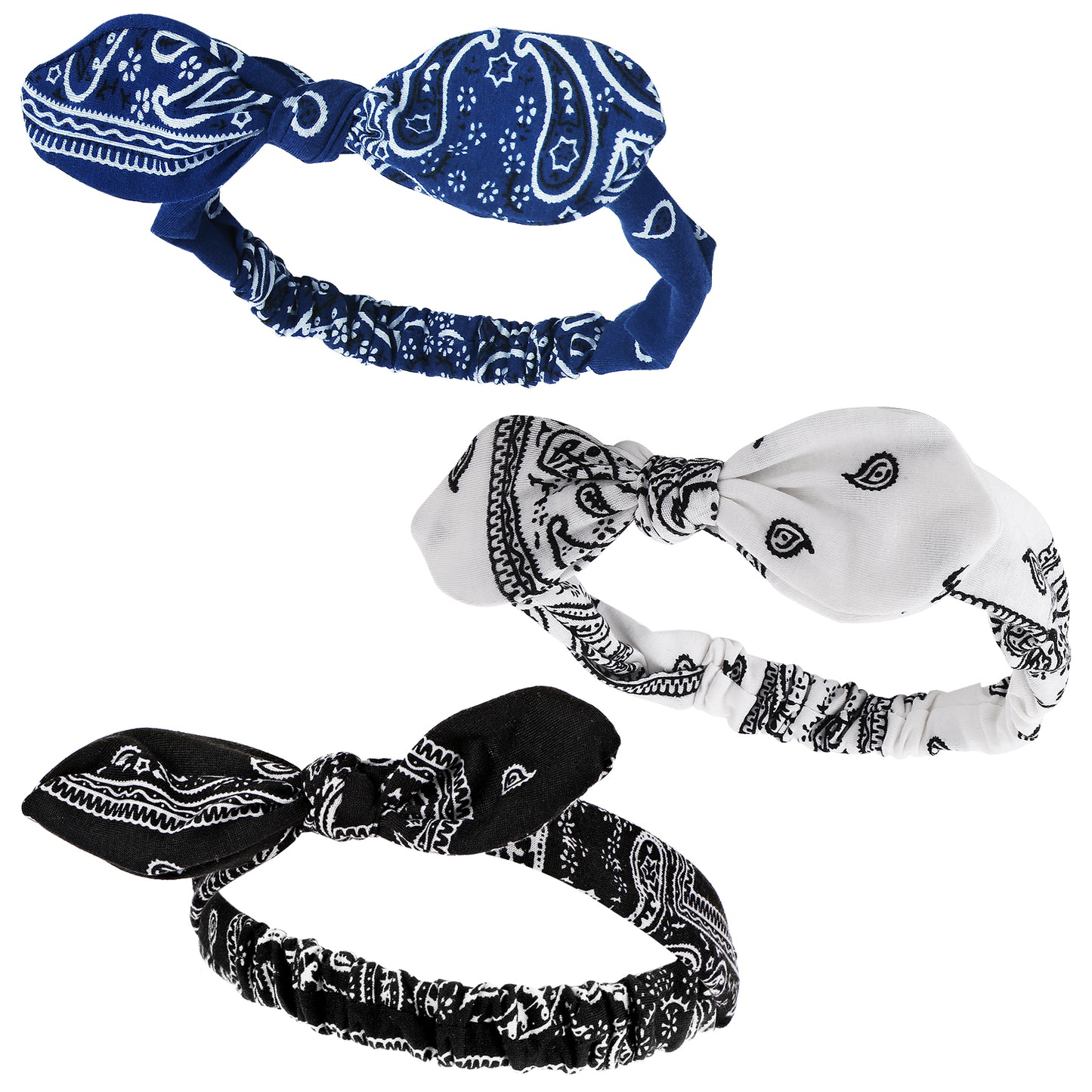 Qianyu 3Pcs Elastic Paisley Bandanas, Rabbit Ears Headbands Adjustable Headwraps Retro Turban Cute Knot Hair Accessories Bow Hair Tie for Women Girl Party Prom Yoga Running Fitness