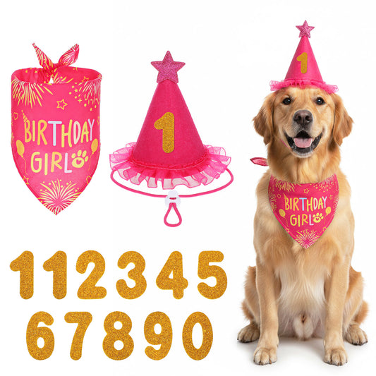 Rose Pink Dog Birthday Bandana Set, Dog Birthday Party Supplies with Hat Bandana Numbers Adjustable Pet Anniversary Outfit for Small Girl Pets Puppy