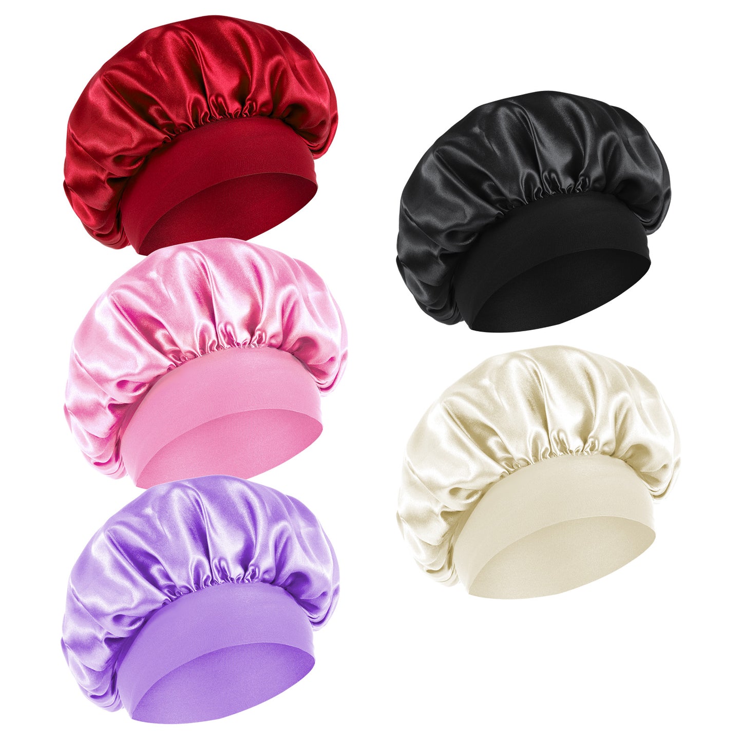 Wanmu 5 Pcs Silk Bonnet for Sleeping, 5 Colors Adjustable Double Layer Satin Sleep Cap for Men Women Curly Hair (Pink, Black, Light Purple, Red, Apricot)