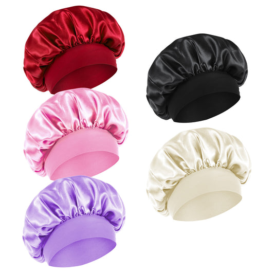 Wanmu 5 Pcs Silk Bonnet for Sleeping, 5 Colors Adjustable Double Layer Satin Sleep Cap for Men Women Curly Hair (Pink, Black, Light Purple, Red, Apricot)