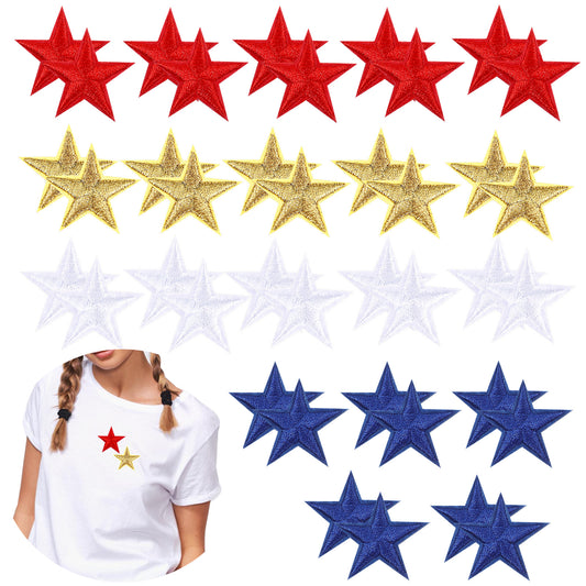40 Pcs Star Iron on Patches, 5 Star Decorative Patch Adhesive Star Patches in 4 Colors, Sew Embroidered Patches Appliques Embellishments for DIY Craft Clothing(Gold,Red,Blue,White)
