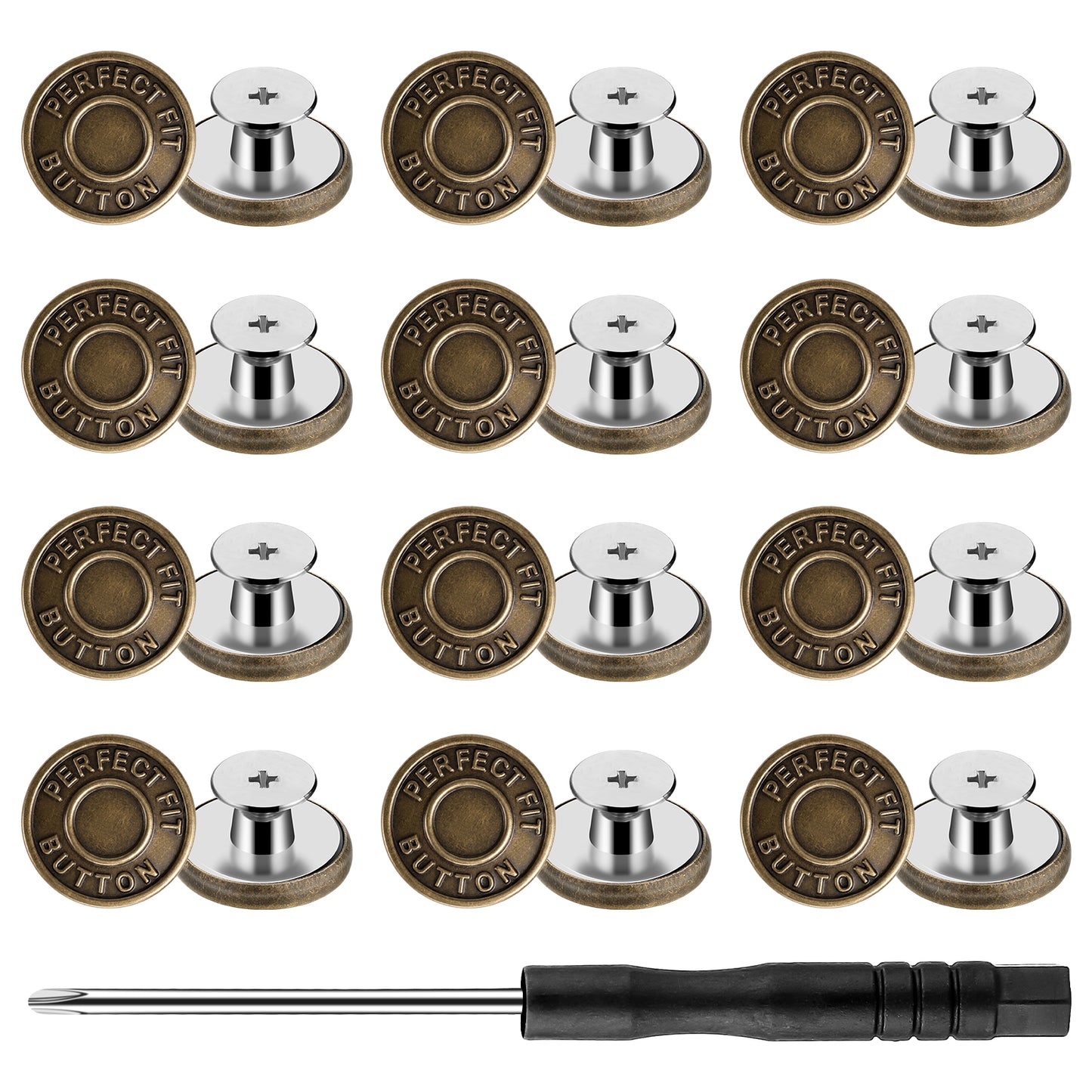 Qianyu 12 Sets Adjustable Buttons for Jeans 17mm No Sew Nailess Instant Metal Buttons Removable Jeans Buttons Replacement Repair Combo Contains Threads Rivets and Removable Screwdriver (Color 4)