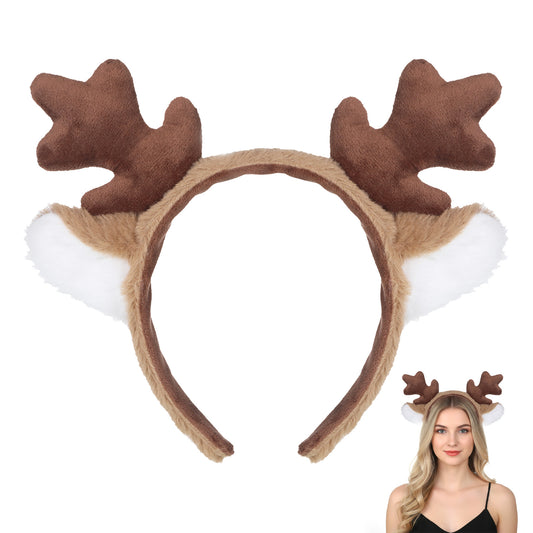Deer Antlers Headband Brown Christmas Antlers Headband Cute Ears Headbands Women's Deer Costume Accessories for Adults Fawn Horn Headbands Animal Antler EarsHeadbands (Plush decor, Coffee color)
