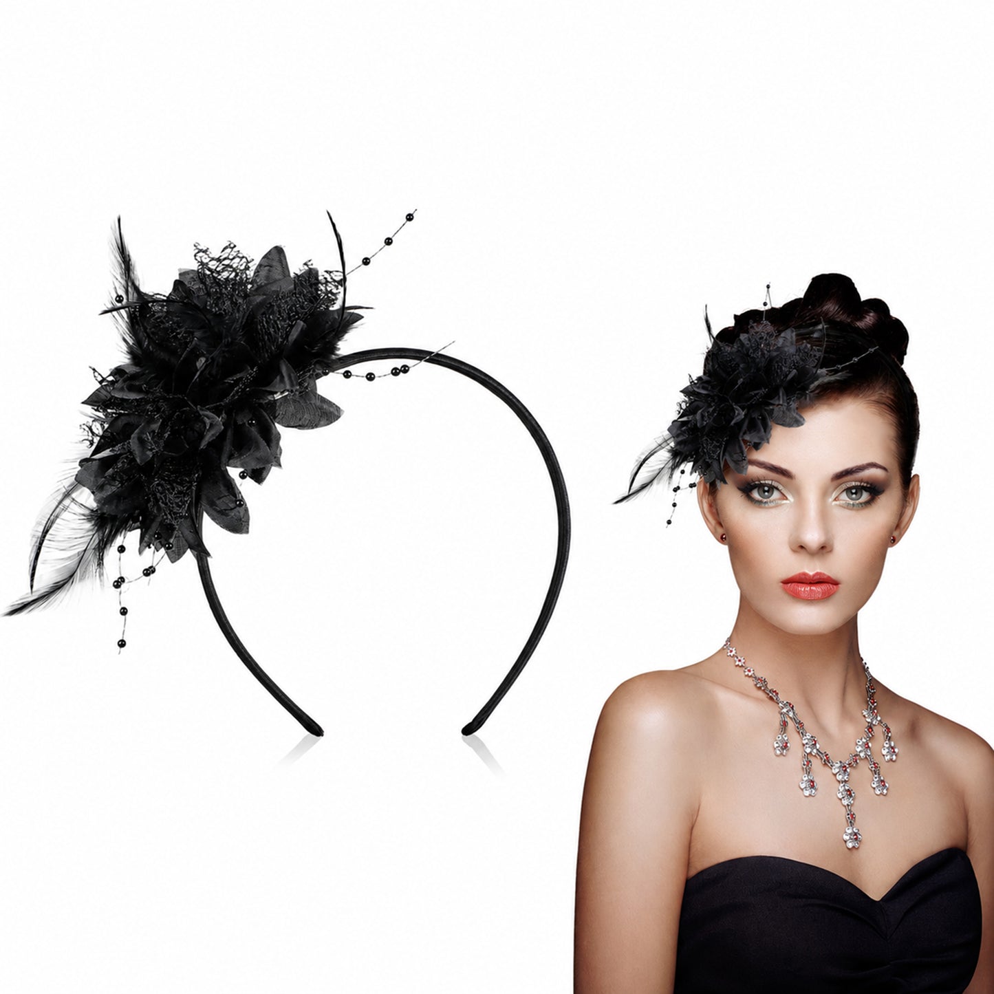 ElevateTech 1920s Feather Fascinator Headband Black Fascinators