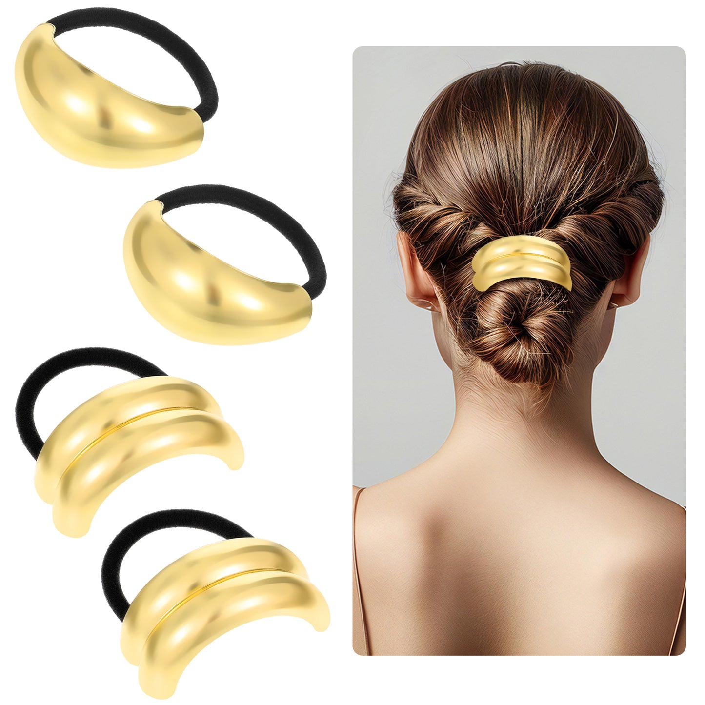 Wanmu Gold Hair Ties, 4 Pcs Metal Hair Ties for Thick Hair, Stretchy and Non-Damage Elastic Ponytail Cuffs, Elegant Durable Geometric Design Gold Hair Accessories for Women