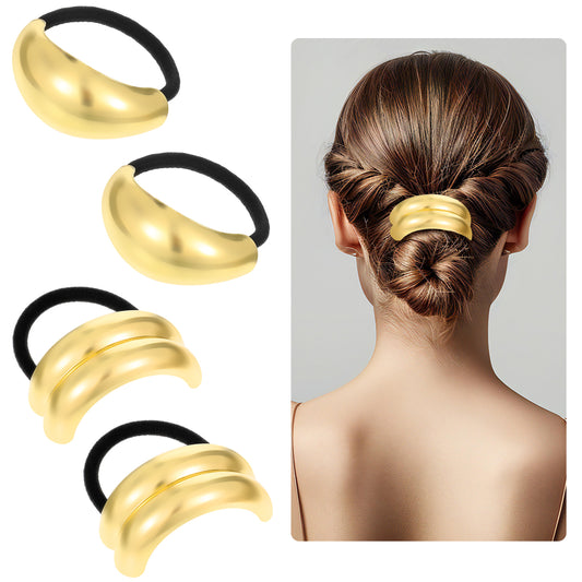 Wanmu Gold Hair Ties, 4 Pcs Metal Hair Ties for Thick Hair, Stretchy and Non-Damage Elastic Ponytail Cuffs, Elegant Durable Geometric Design Gold Hair Accessories for Women