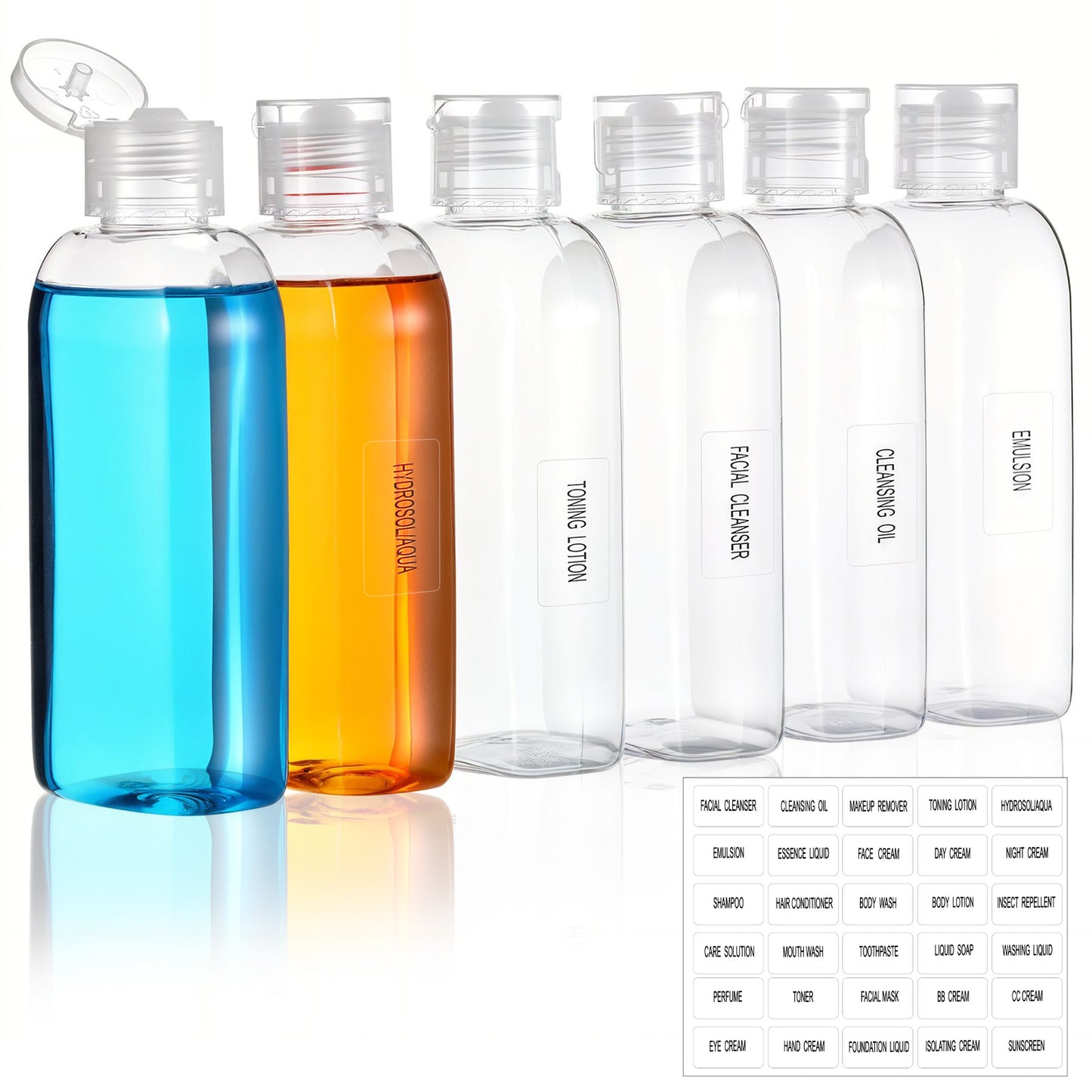 Wanmu 6 Pcs Travel Bottles for Toiletries, 3.4oz/100ml Clear Plastic Leak Proof Squeeze Bottle with Flip Cap, Portable Refillable Empty Containers with Labels for Shampoo Lotion Liquid