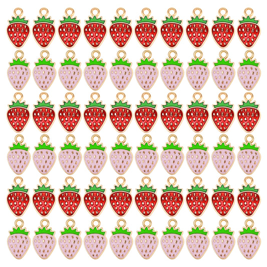 COMNICO Strawberry Charms, 60Pcs Flatback Fruit Charms Red Pink Strawberry Pendant Alloy Enamel Charms Strawberry Hanging Pendant Ornament for Earring Bracelet Necklace DIY Jewelry Making Accessories