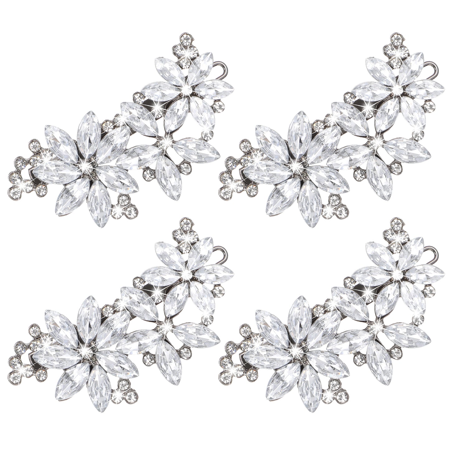 Wanmu 4 Pcs Crystal Flower Hair Clips, Silver Rhinestone Bridal Hair Accessories, French Sparkly Floral Wedding Headpiece Pins for Women Brides Prom, Parties, Festivals
