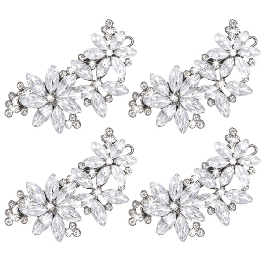 Wanmu 4 Pcs Crystal Flower Hair Clips, Silver Rhinestone Bridal Hair Accessories, French Sparkly Floral Wedding Headpiece Pins for Women Brides Prom, Parties, Festivals