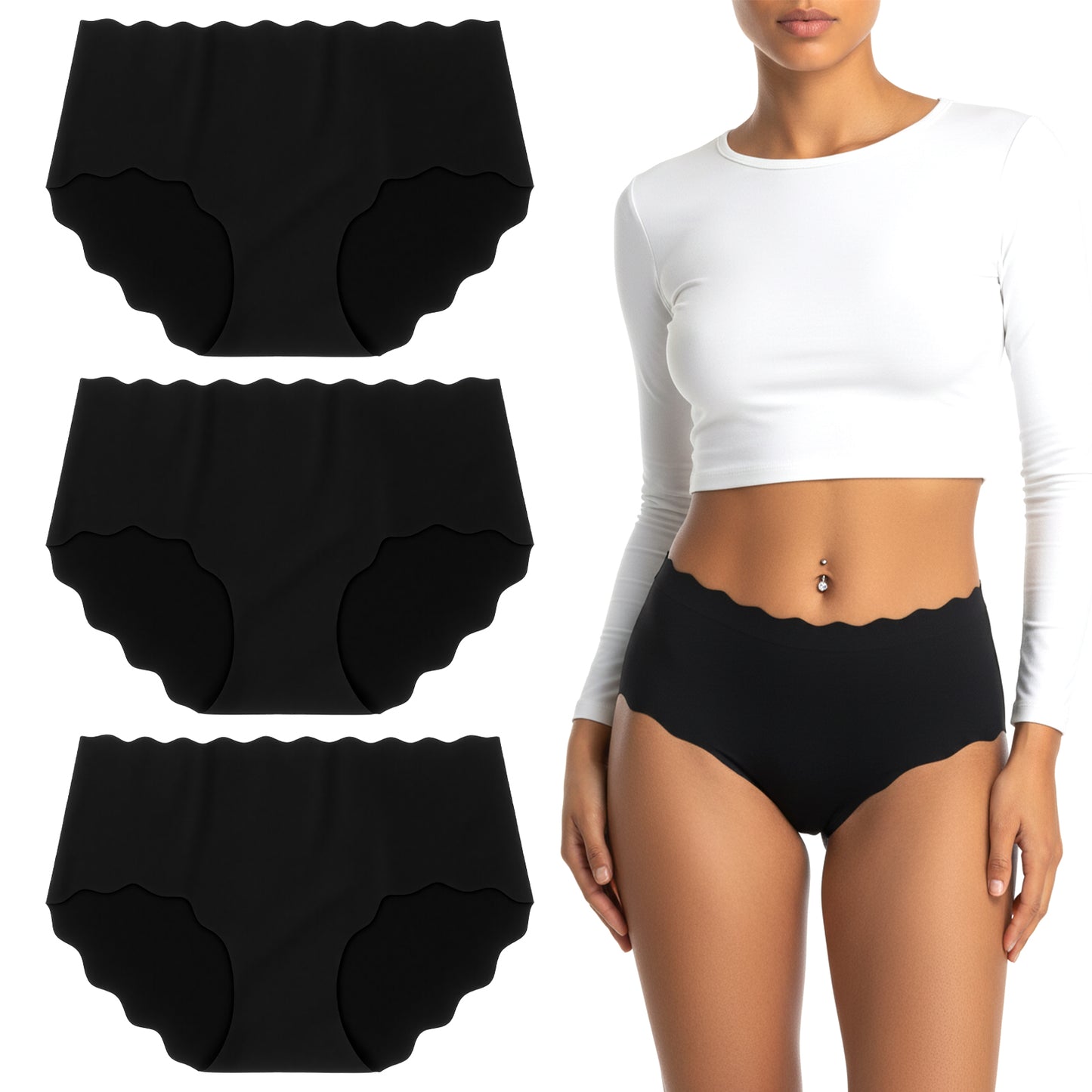 KFHENSOMR 3 Pack High Waisted Seamless Underwear for Women, No Show Cheeky Scalloped Edge Bikini Briefs, Breathable Black Panties