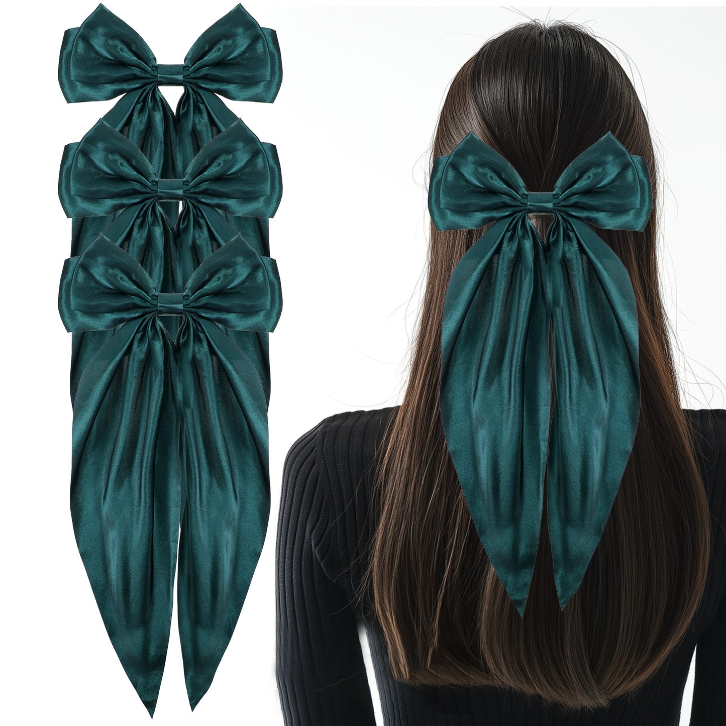 3Pcs Large Hair Bows Green Women Silky Satin Hair Bow Hair Clips Long Tail French Hair Ribbon Cute Coquette Bows Clips Ponytail Barrettes Soft Barrettes Party Accessories for Girls