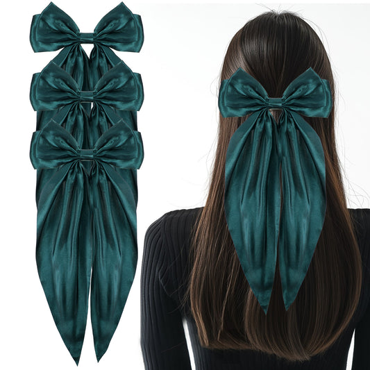 3Pcs Large Hair Bows Green Women Silky Satin Hair Bow Hair Clips Long Tail French Hair Ribbon Cute Coquette Bows Clips Ponytail Barrettes Soft Barrettes Party Accessories for Girls