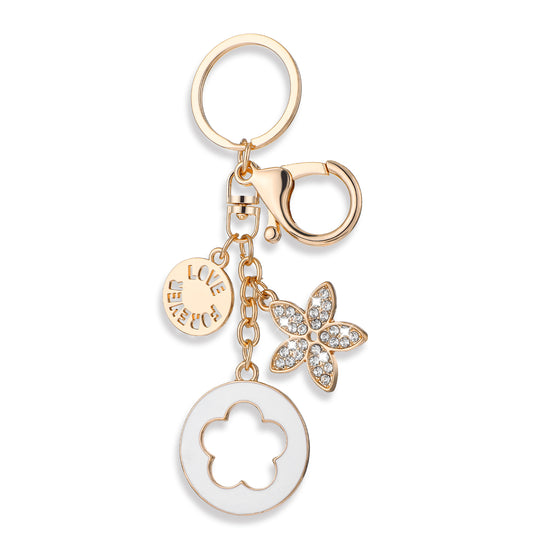 Wanmu Cute Bling Keychain, Initial Flower Charms Letter Keyring for Women and Girls, Backpack Car Handbag Key Purse Lanyard Accessories (White)