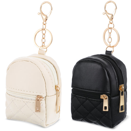2Pcs Mini Backpack Cute Cosmetic Bag for Women Creative Pendant Keychain PU Leather Makeup Bag Key Pocket Lipstick Bag Card Holder Data Cable Organizer Zipper Pouch for Women (Light Grey, Black)