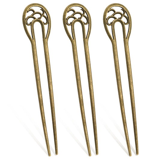 3 Pcs Metal U Shaped Hairpin Vintage Hair Sticks 2 Prong Updo Chignon Large French Hair Fork Extra Long Hairstyle Accessories for Women Girls Bun Long Thick